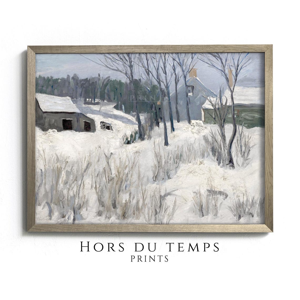 Snowy Farmyard with Barn and Bare Trees Vintage Winter Art Poster