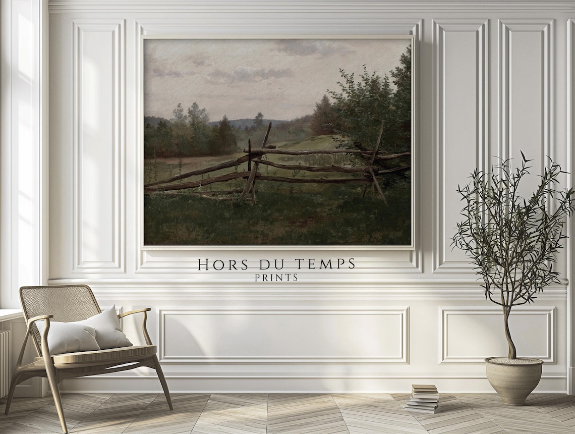 Rustic Split Rail Fence Pasture Birds Vintage Landscape Oil Painting Poster - Image 3