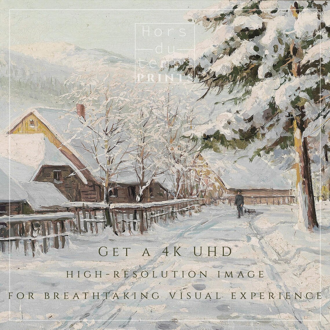 Snowy Village Street with Tall Pines and Cabins Winter Poster - Image 2