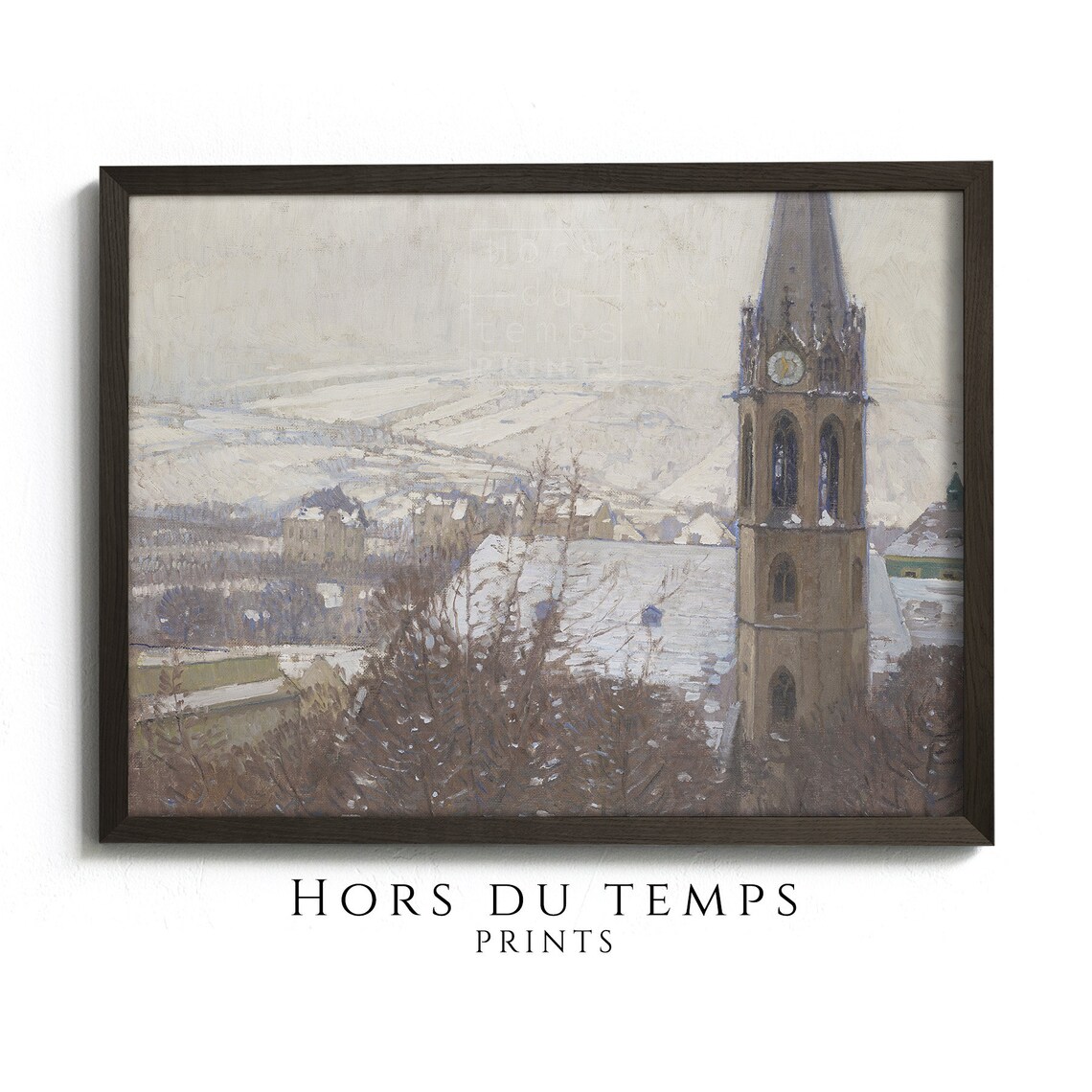 Snowy Church Tower Old Town Winter Cityscape Vintage Art Poster