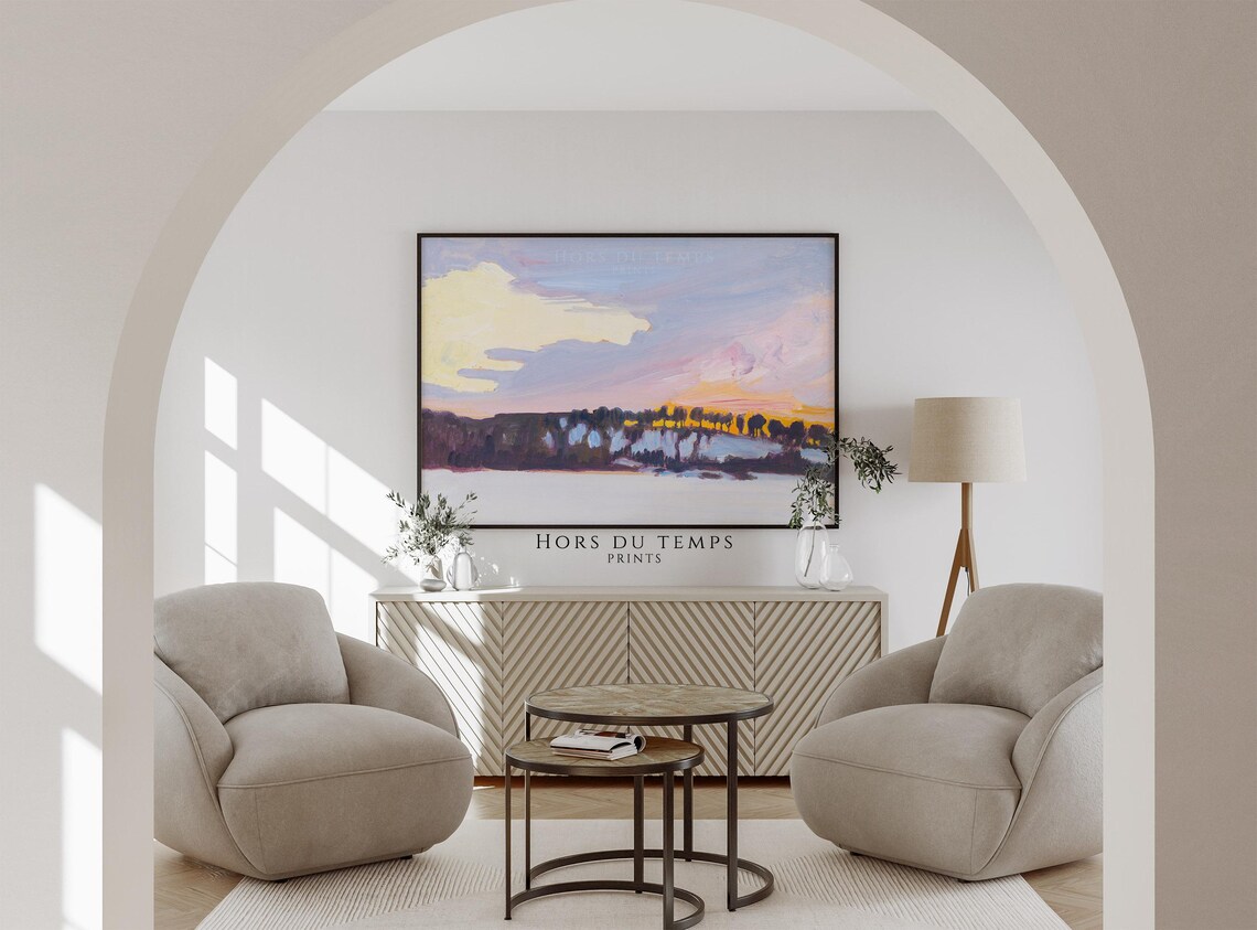Winter Sunset Colorful Pink Lavender Sky Snowy Field Oil Painting Poster - Image 2