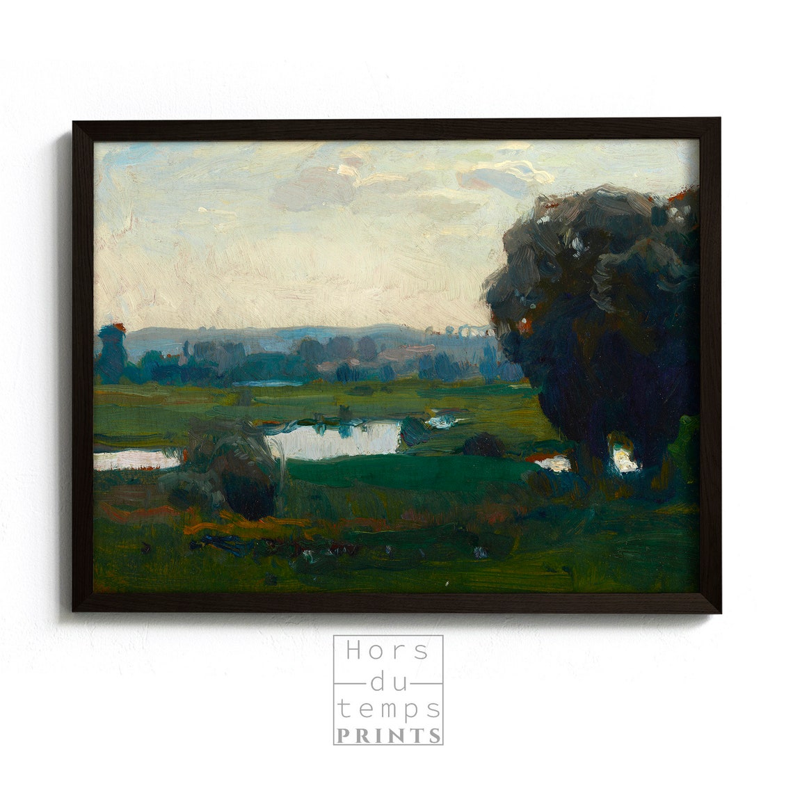 River Meadow at Dusk Winding Stream Dark Tree Vintage Art Poster - Image 2