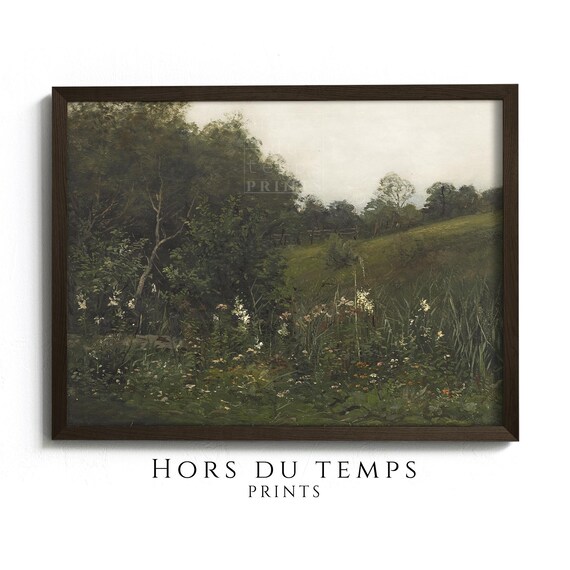 Moody Wildflowers Meadow Painting Muted Green Tones Landscape Village Cottagecore Farmhouse Vintage Art Hors Du Temps Prints