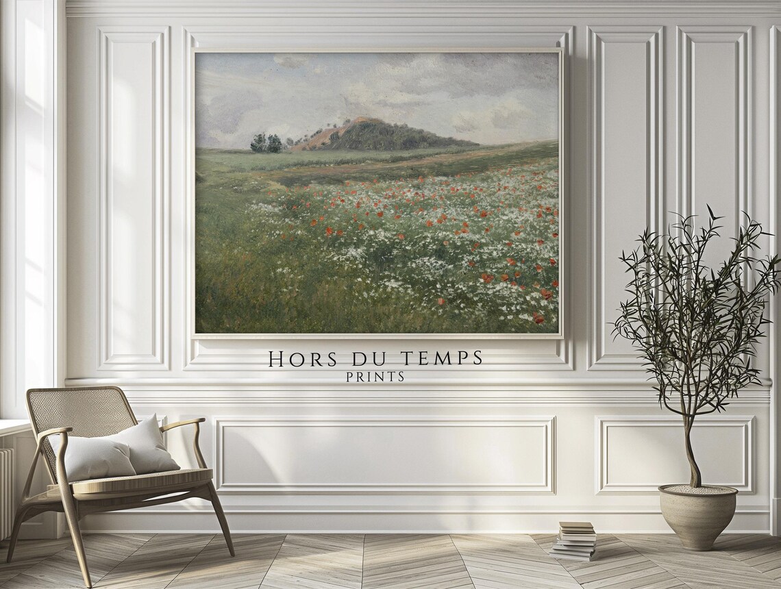 Red Poppies Wildflower Field Rolling Hill Vintage Landscape Art Print - Image 2