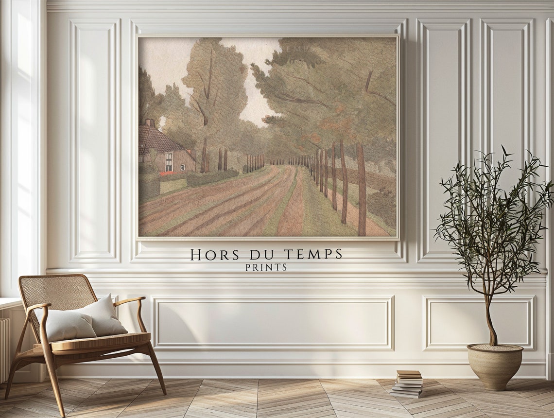 Tree Lined Village Road Muted Vintage Landscape Countryside Poster - Image 2