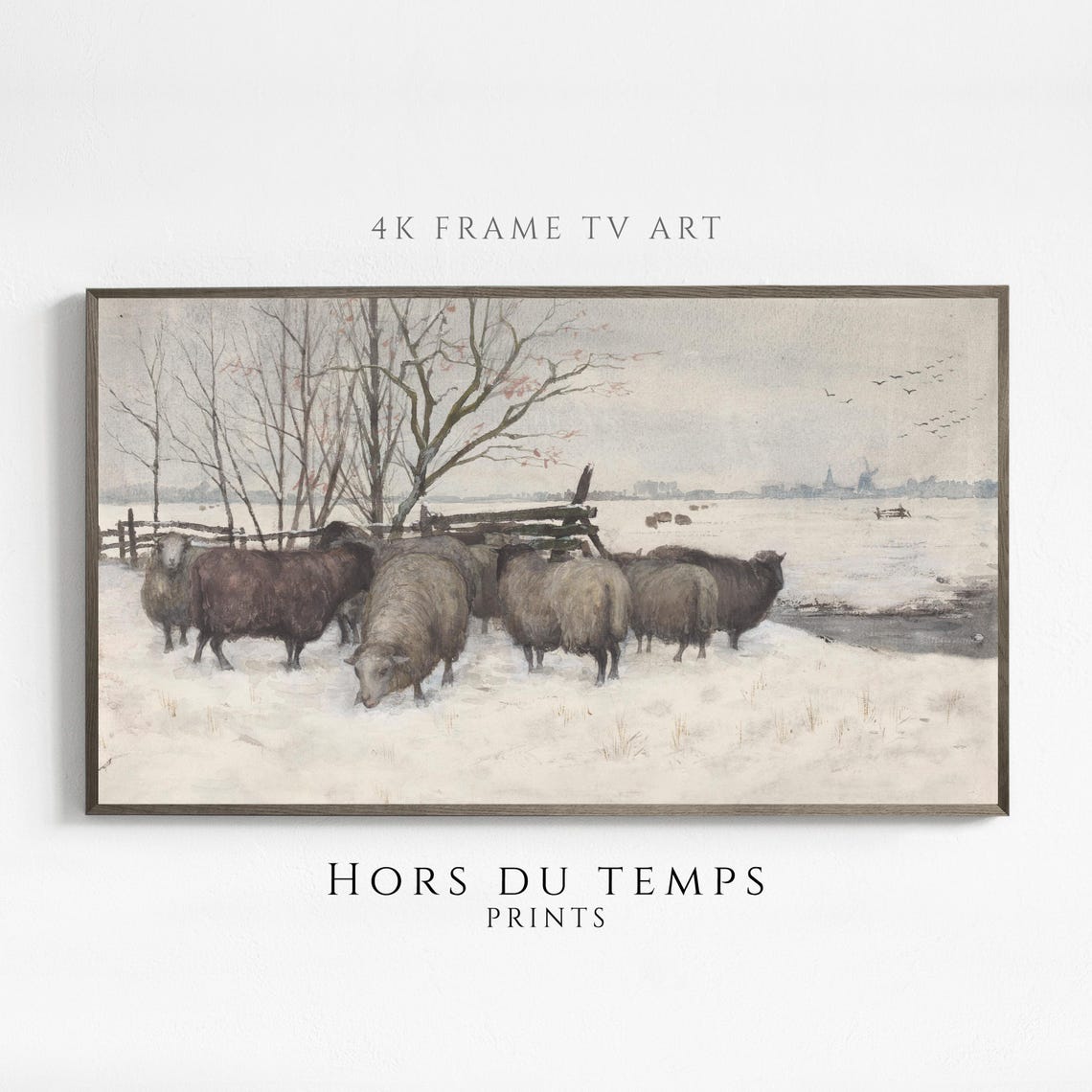Sheep in Snowy Pasture With Bare Tree Vintage Winter Painting Poster