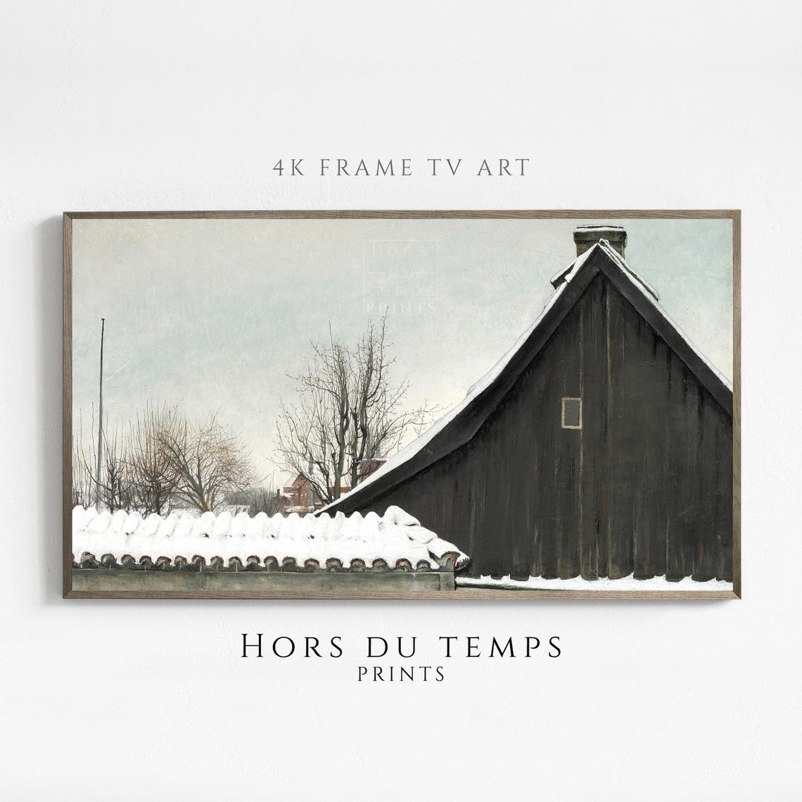 Snow Covered Dark Wooden Barn Roof Panoramic Winter Painting Poster