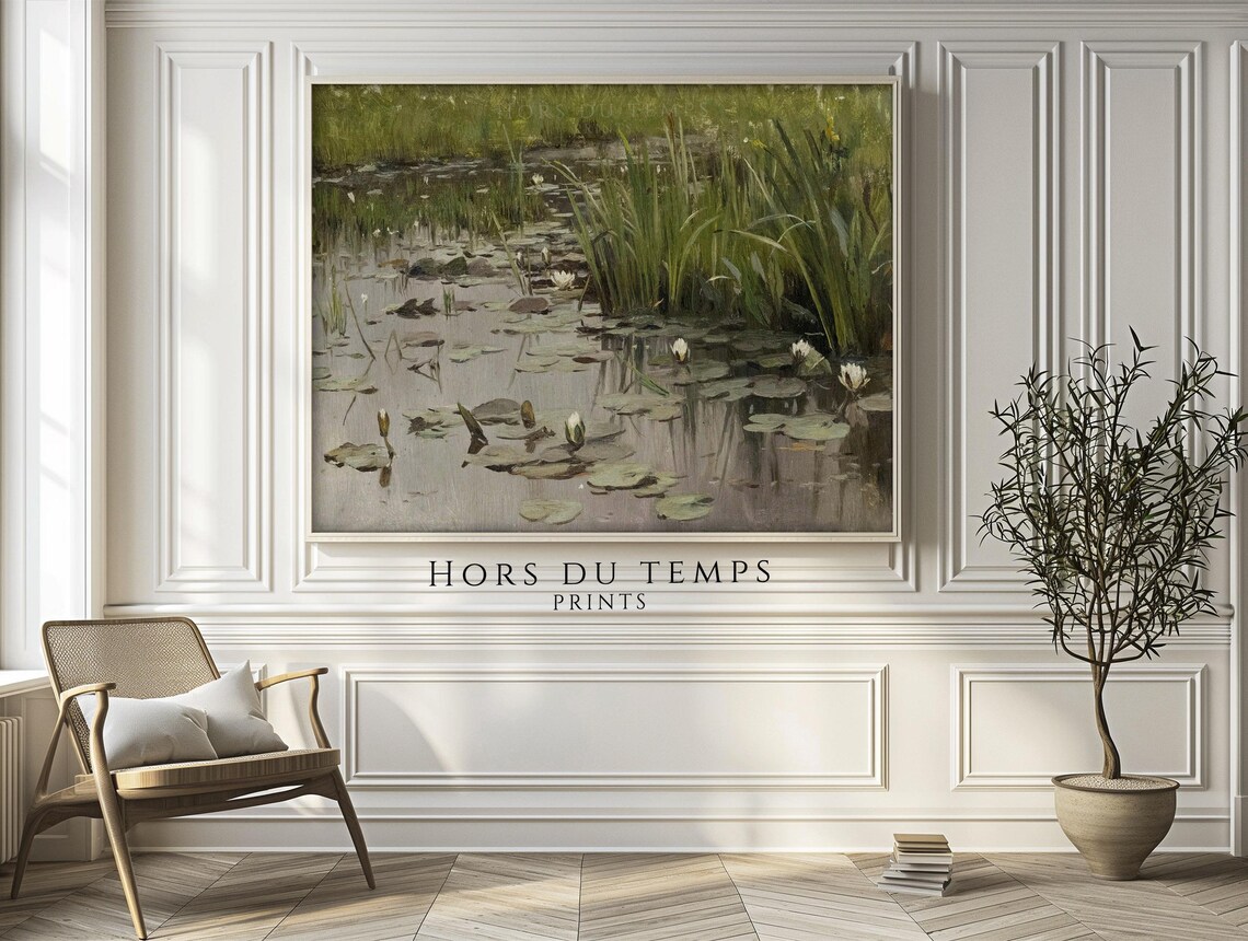 Vintage Water Lilies Pond Reeds Still Water Muted Nature Poster - Image 2