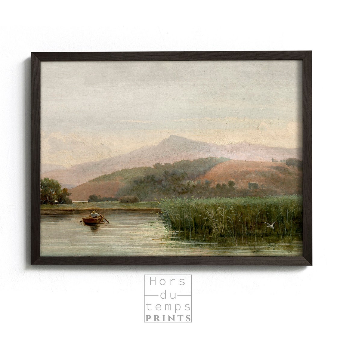 Lone Rowboat Still Lake Reeds Mountain Vintage Waterscape Poster - Image 2