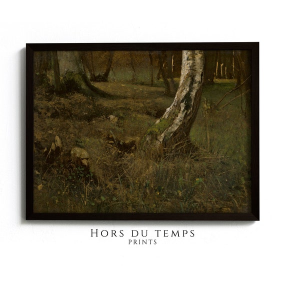 Dark Green Forest Wall Art Moody Landscape Print Decor Dark Academia Nature Painting Rustic Vintage Aesthetic
