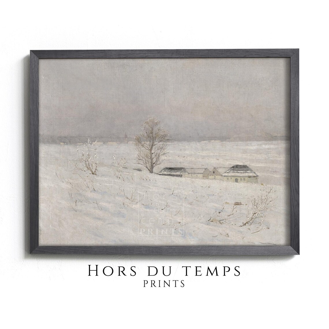 Minimal White Winter Field Lone Tree Farm Buildings Painting Poster