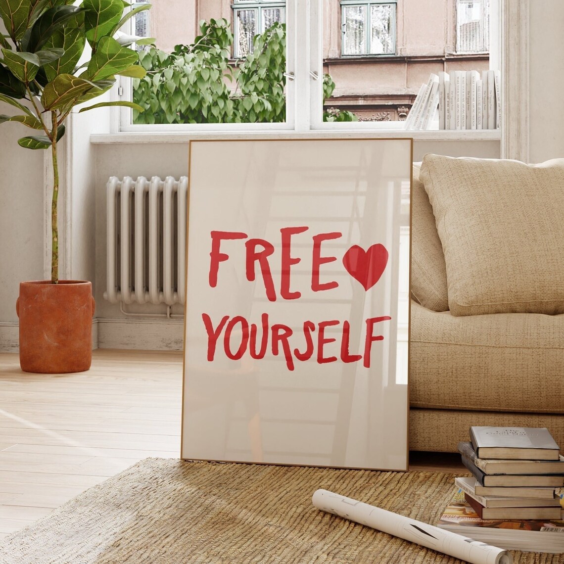 Free Yourself Poster Red Heart Motivational Art Quotes Minimalist Wall Decor Trendy Print