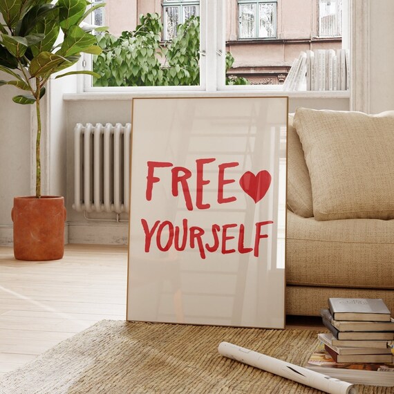 Free Yourself Red Hand Lettered Heart Motivational Quote Poster