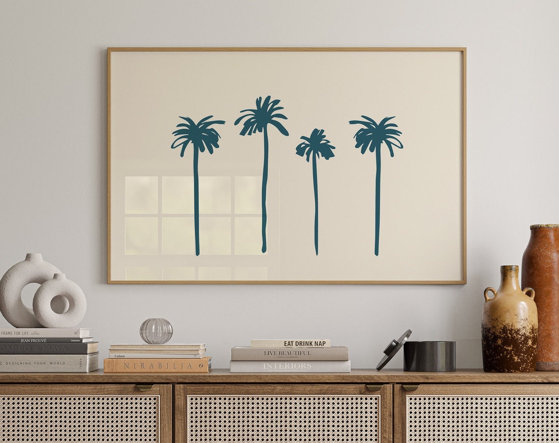 Four Teal Palm Trees Silhouette Minimalist Cream Beach Wall Art