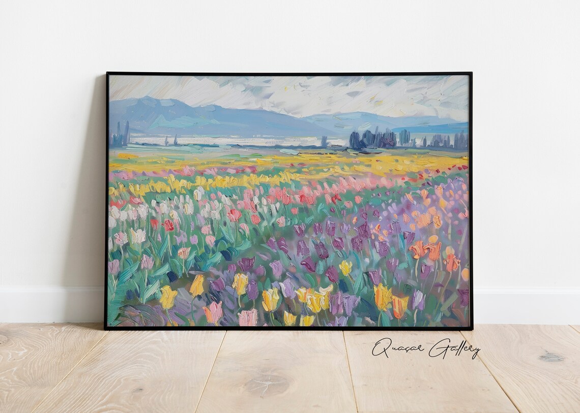 Tulip Field Landscape Oil Painting, Spring Decor - Image 2