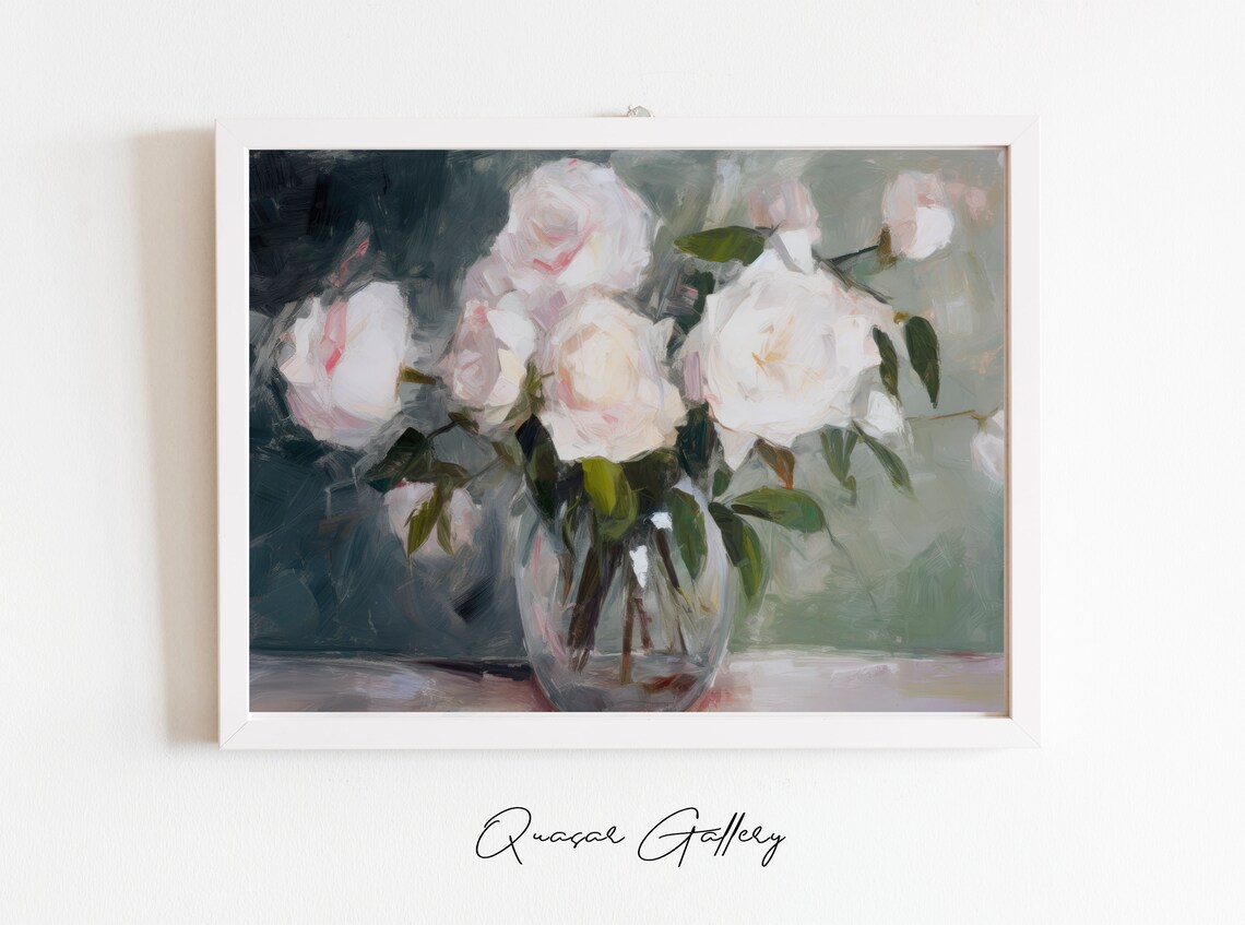 Floral Still Life Dining Room Art Rosein Vase Print Oil Painting Impressionist Flowers Feminine Art Shelf Wall Art Gallery Wall Art - Image 2