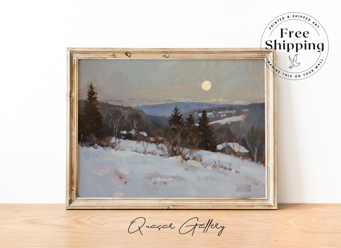Moonlit Landscape Painting, Rural Night Scene