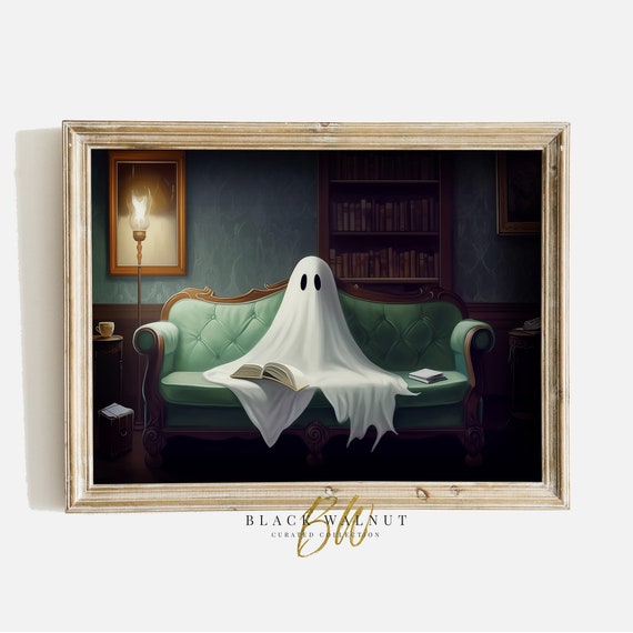 Halloween Ghost Wall Art Print Cute Ghost Reading Book Lover Decor Spooky Ghost On Couch Vintage Style Painting Cottagecore Decor