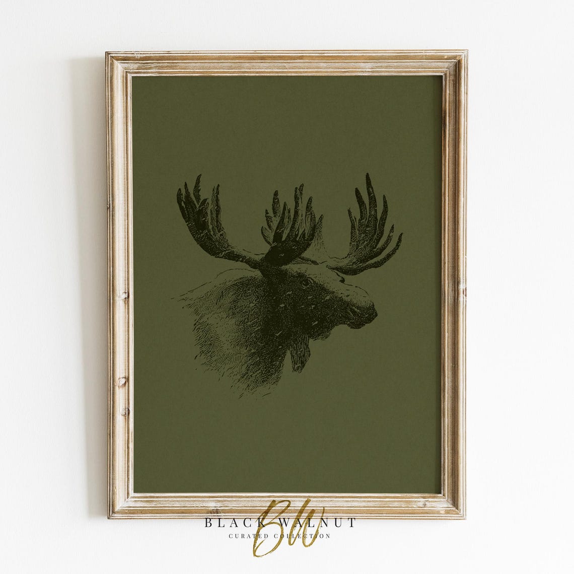 Moose Portrait Engraving Dark Green Vintage Animal Sketch Wall Poster