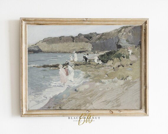 Bathers at Rocky Coastal Cove Cliffs Muted Antique Seascape Oil Painting Poster