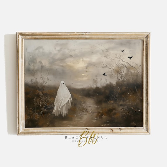 Ghost Painting Vintage Ghost With Crows Moody Meadow Painting Rustic Spooky Halloween Decor Ghost In Field Print Art