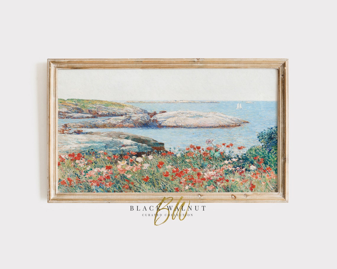 Coastal Red Poppies Rocky Shore Blue Sea Vintage Wildflower Art Poster
