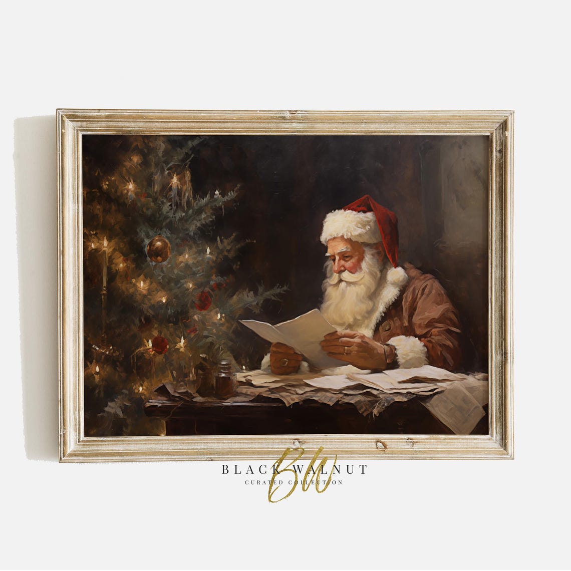 Santa Claus Reading Letters by Christmas Tree Vintage Holiday Wall Art