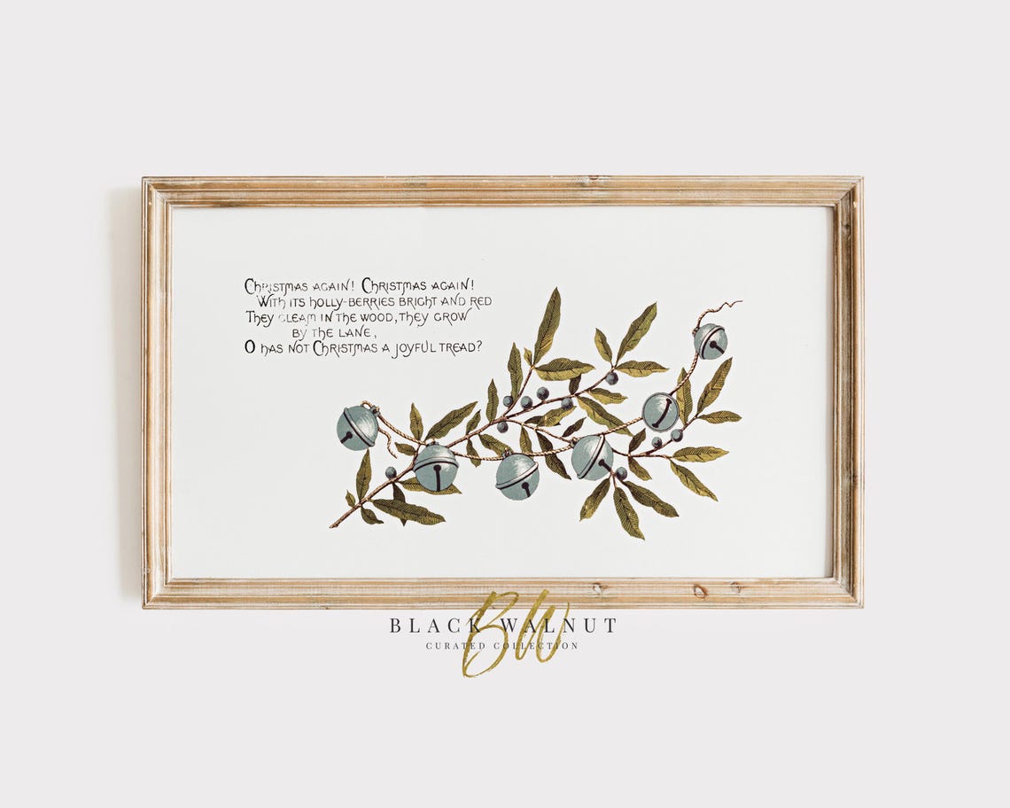Vintage Christmas Bells Holly Branch Poem Neutral Holiday Art Print