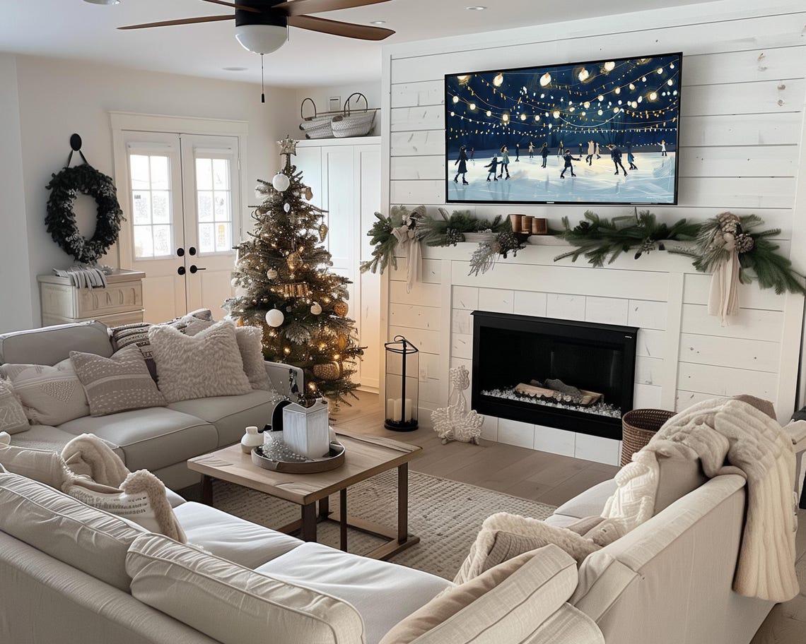 Night Ice Skaters Under Glowing String Lights Painting Winter Wall Art - Image 2