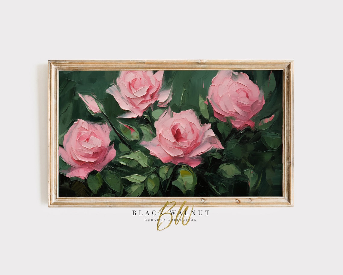 Pink Roses Impasto Textured Floral Oil Painting Dark Green Wall Art