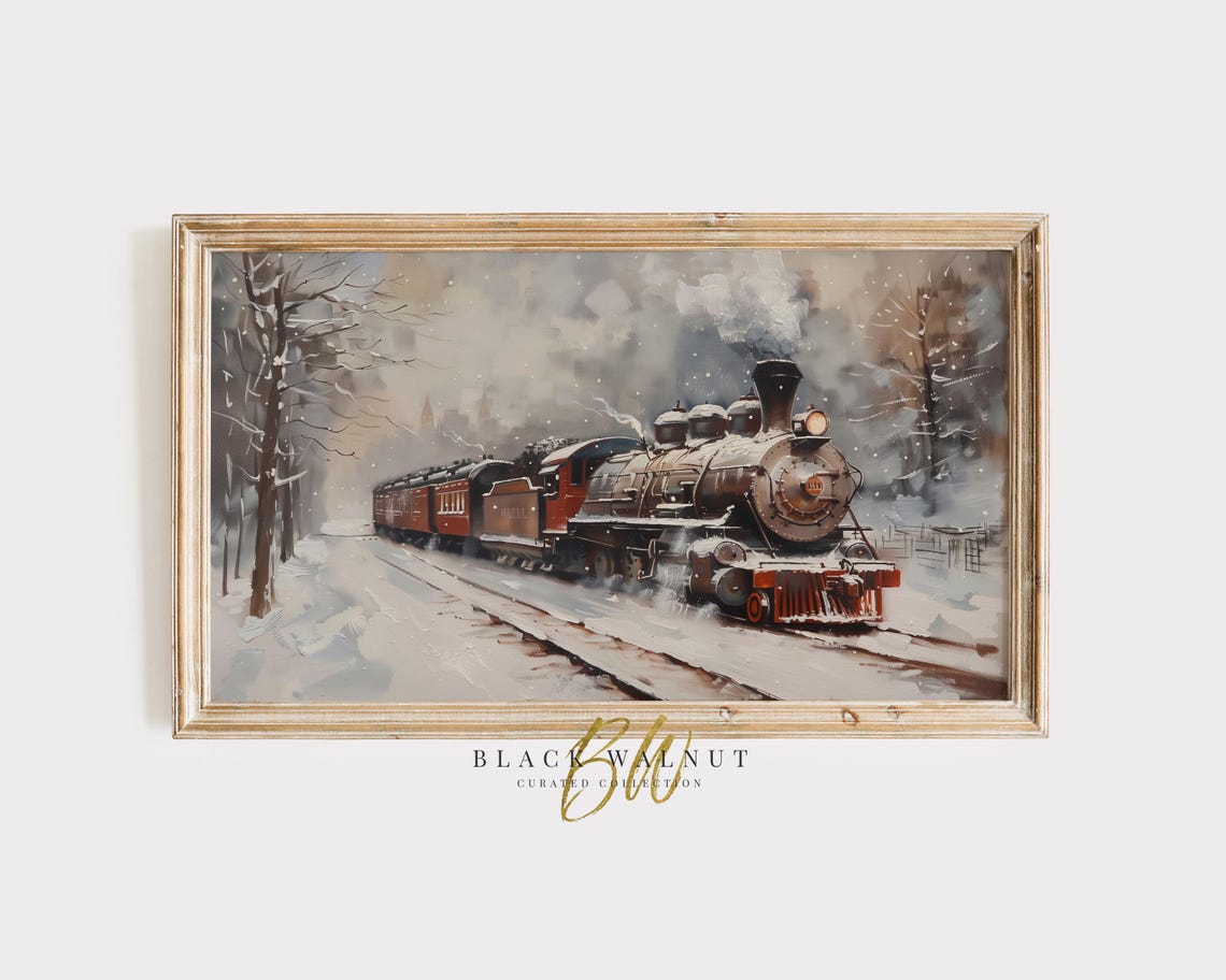 Vintage Steam Train In Snow Painting Red Locomotive Winter Wall Art