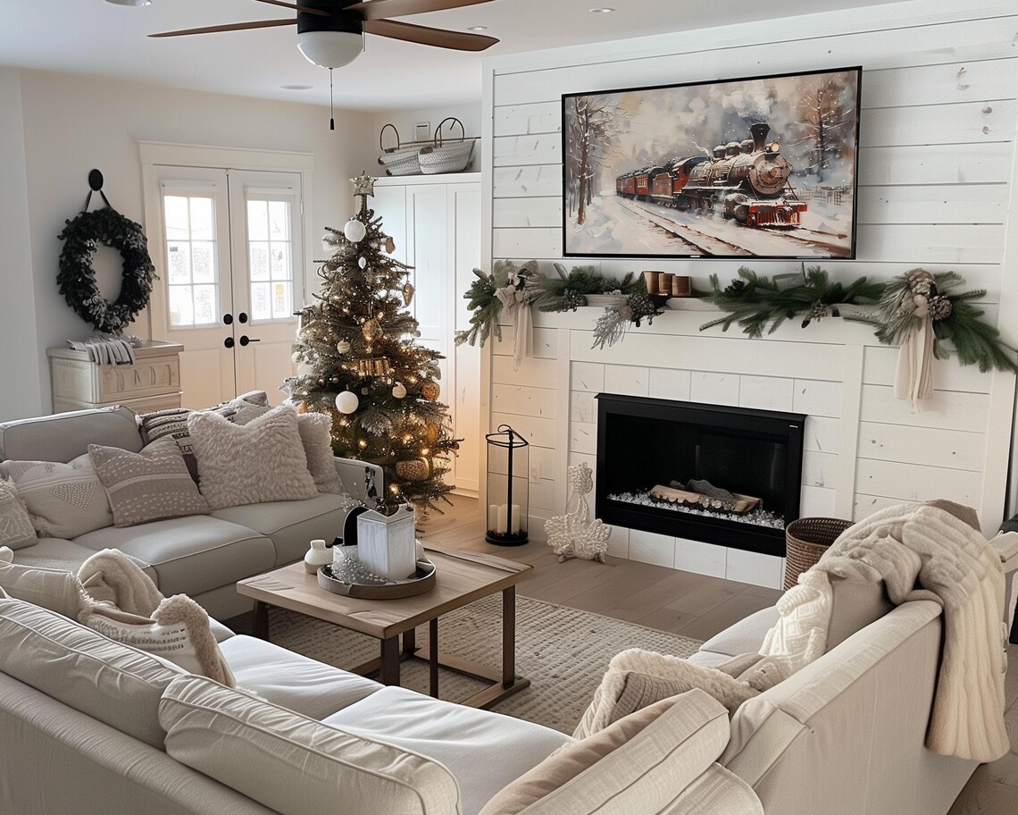 Frame Tv Christmas Train Moody Winter Landscape Painting Snowy Railroad Vintage Christmas Tv Art Tv Screensaver - Image 2