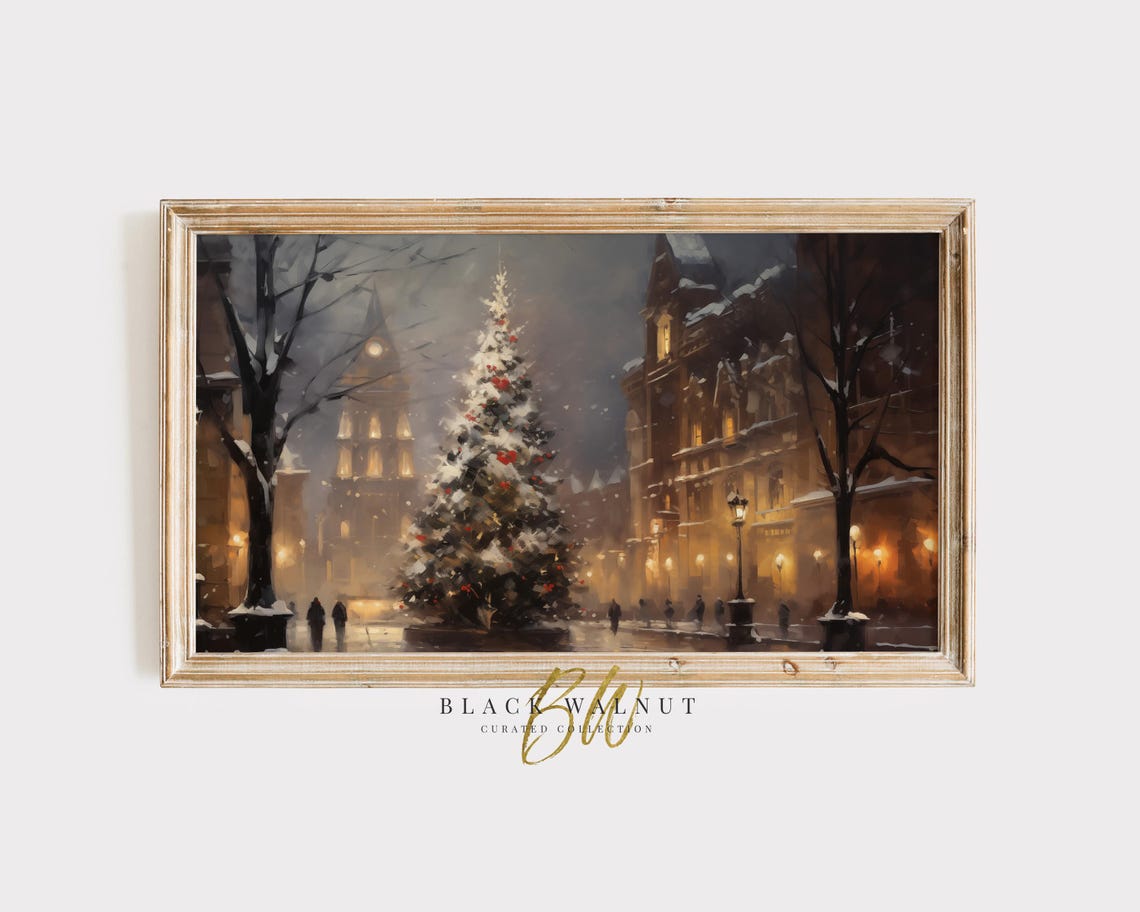 Frame Tv Art Christmas Tree In A Vintage Village Winter Painting Cityscape Winter Scene Christmas Decor Holiday Painting Tv Art