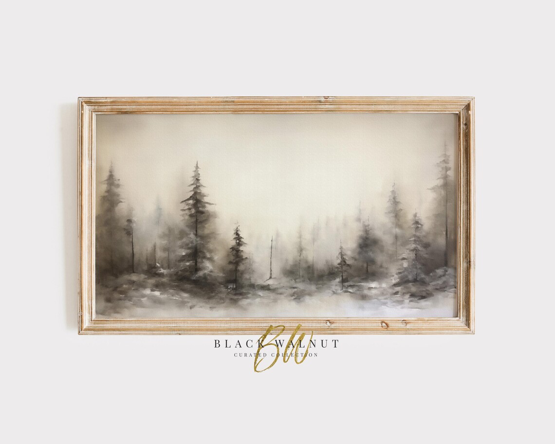 Misty Evergreen Forest In Fog Neutral Winter Trees Vintage Wall Poster
