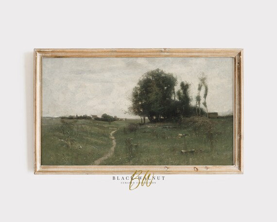 Frame Tv Art Green Meadow Painting Vintage Oil Painting French Country Farmhouse European Moody Art Print