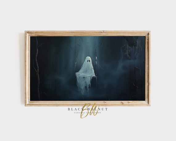 Cute Ghost On Swing Dark Forest Spooky Halloween Painting Wall Art