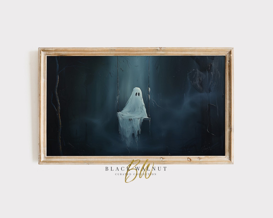 Cute Ghost On Swing Dark Forest Spooky Halloween Painting Wall Art