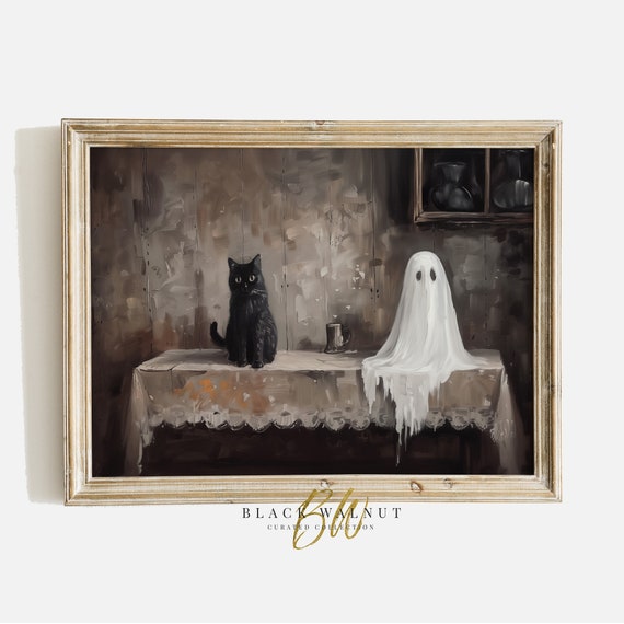 Ghost Black Cat Halloween Wall Art Print Vintage Style Rustic Painting Cute Ghost Art Cat Lover Art Print