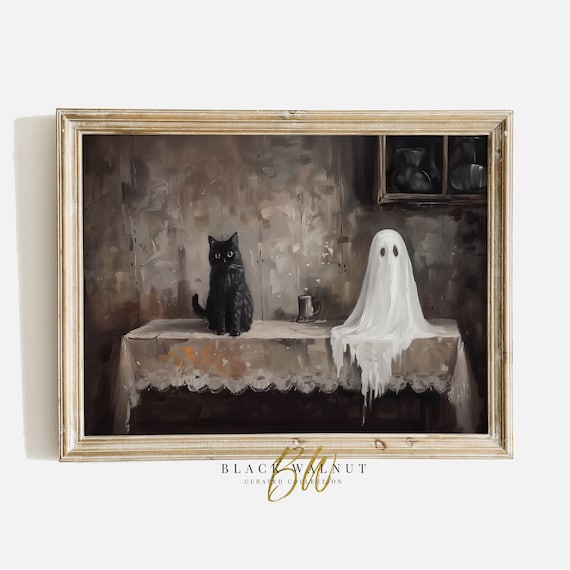 Vintage Halloween Ghost And Black Cat Painting Rustic Spooky Wall Art