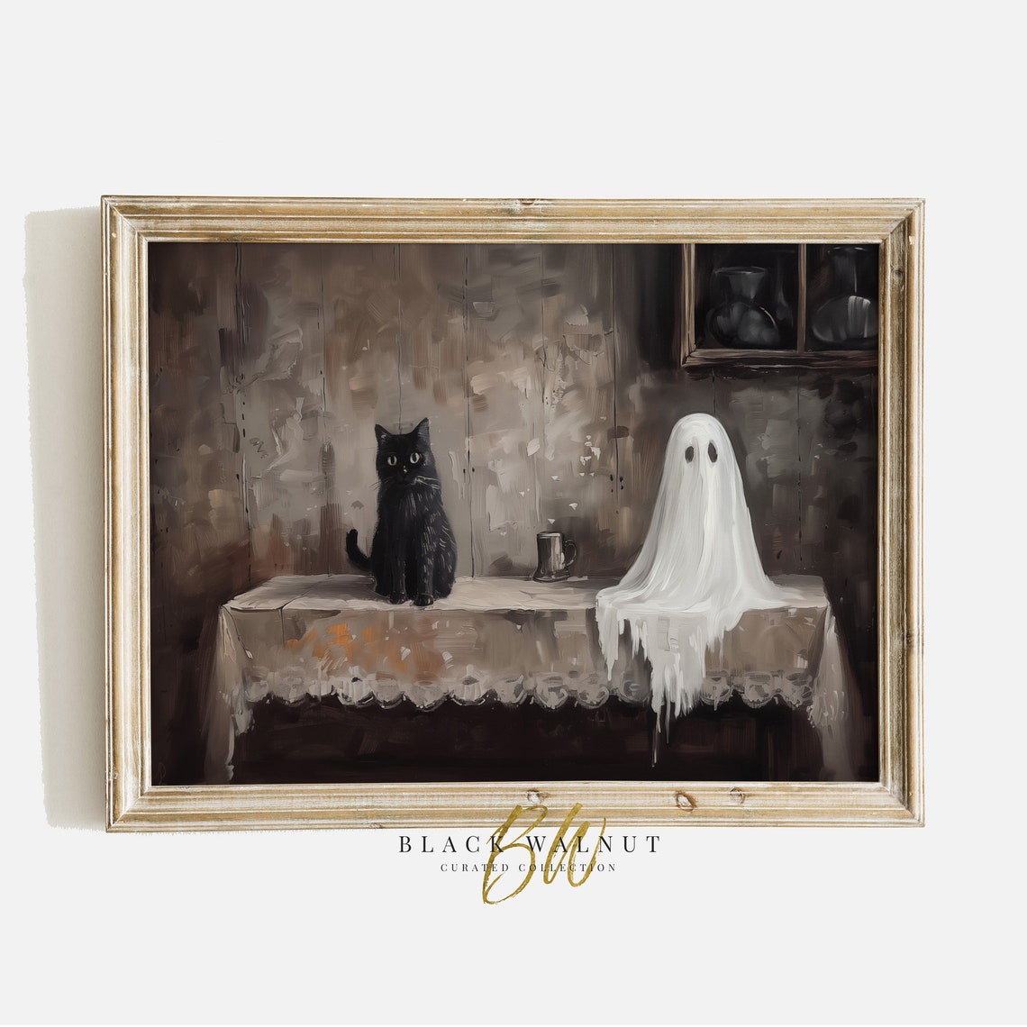 Vintage Halloween Ghost And Black Cat Painting Rustic Spooky Wall Art