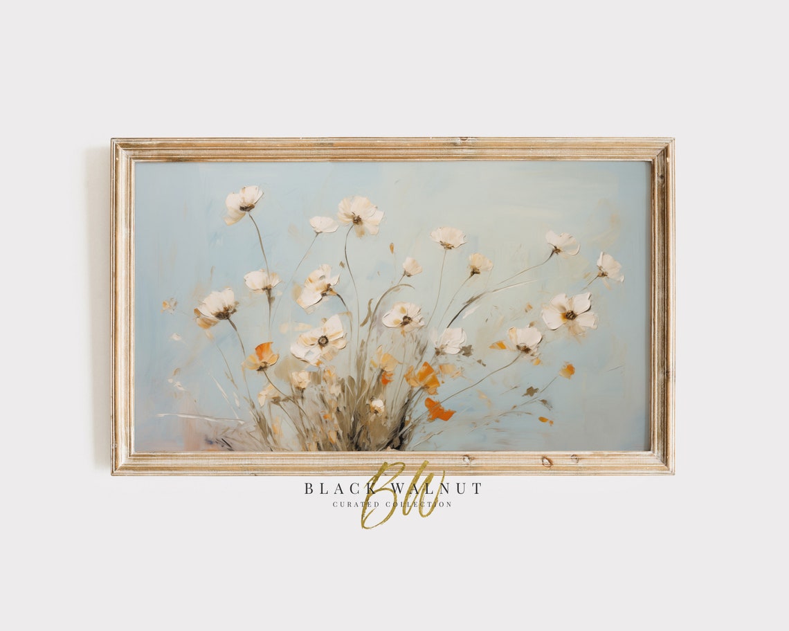 White Wildflowers Meadow Painting Soft Blue Rustic Spring Art Poster
