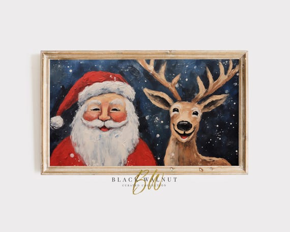 Frame Tv Christmas Art Cute Santa Claus Funny Reindeer Painting Colorful Winter Tv Art Jolly Santa Holiday Decor