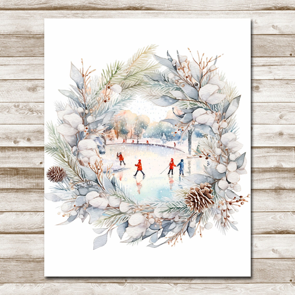 Winter Wreath Ice Skaters Frozen Pond Christmas Scene Wall Poster - Image 4