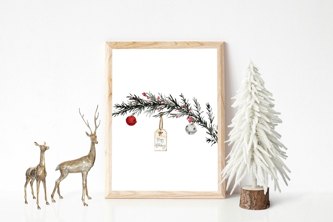 Happy Holidays Evergreen Branch Tag And Bells Christmas Poster - Image 3
