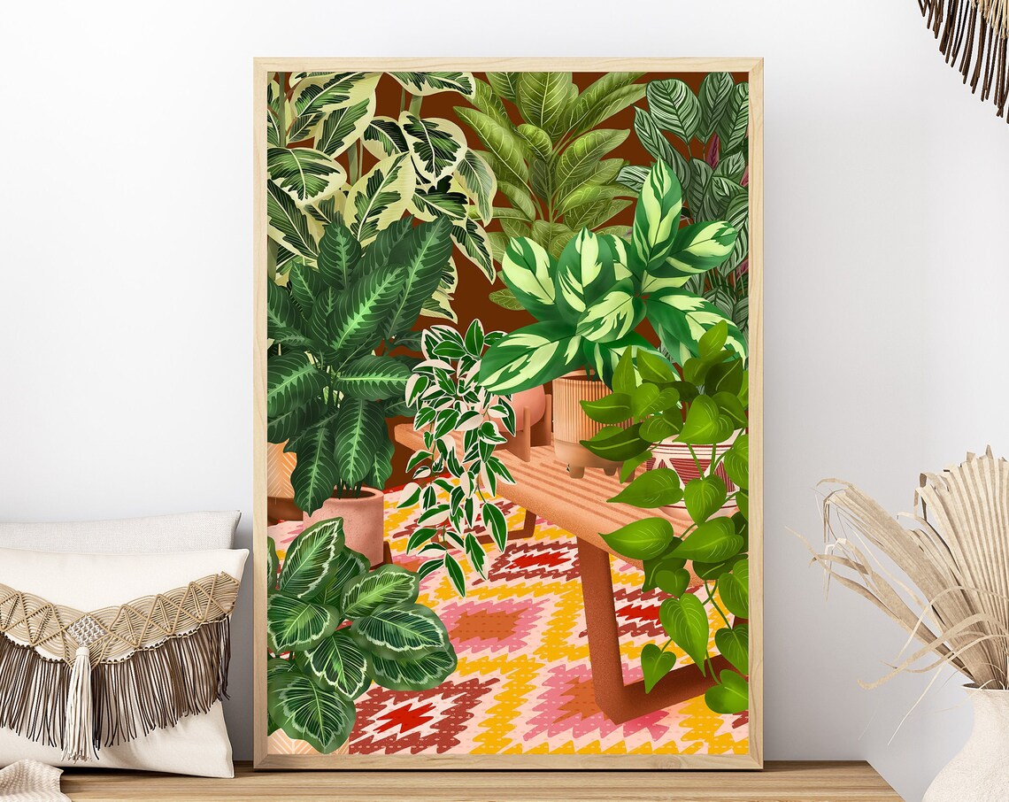 Lush Tropical Houseplant Scene Around Wooden Bench Boho Poster