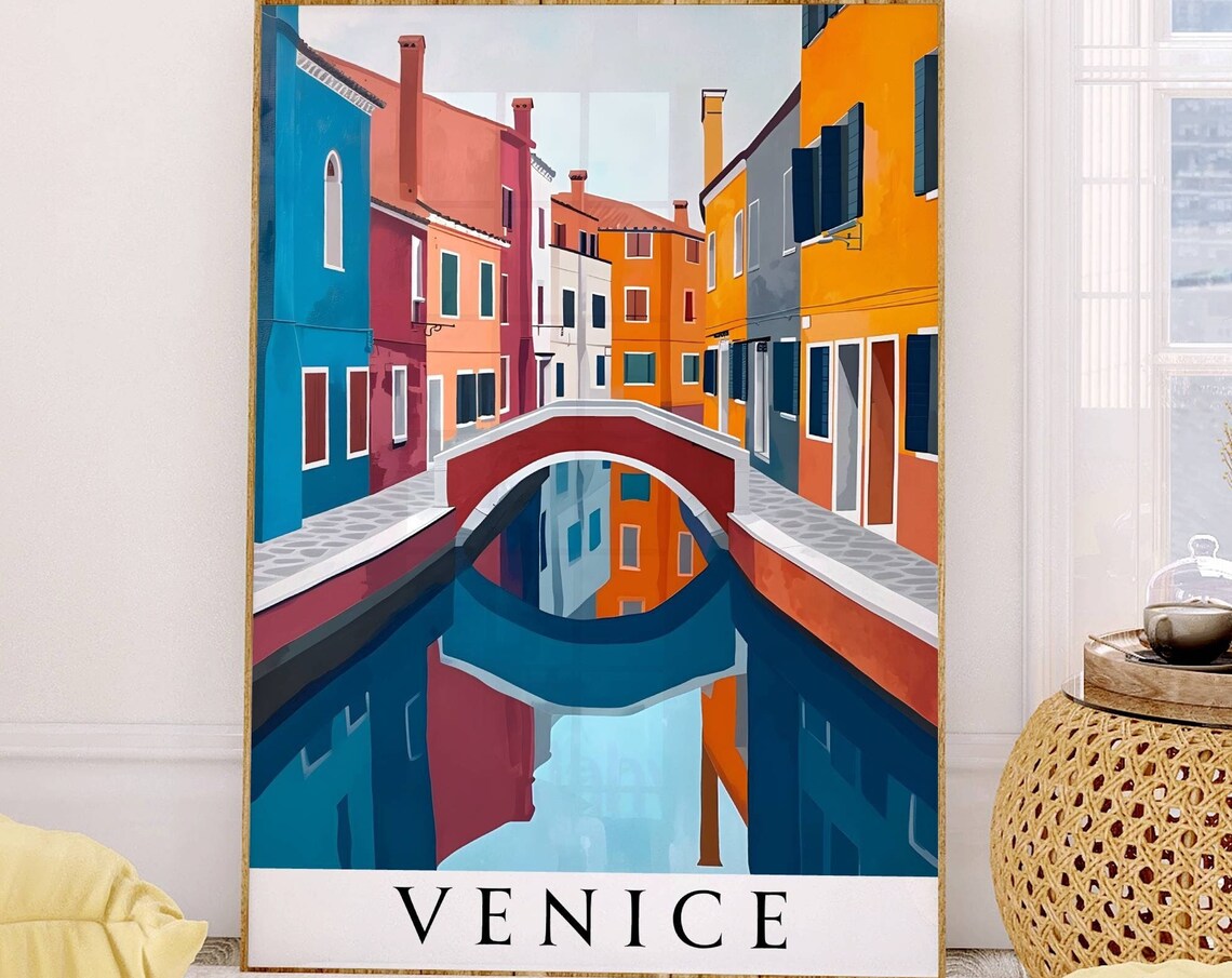 Venice Colorful Canal Red Bridge Perfect Reflection Travel Poster - Image 4