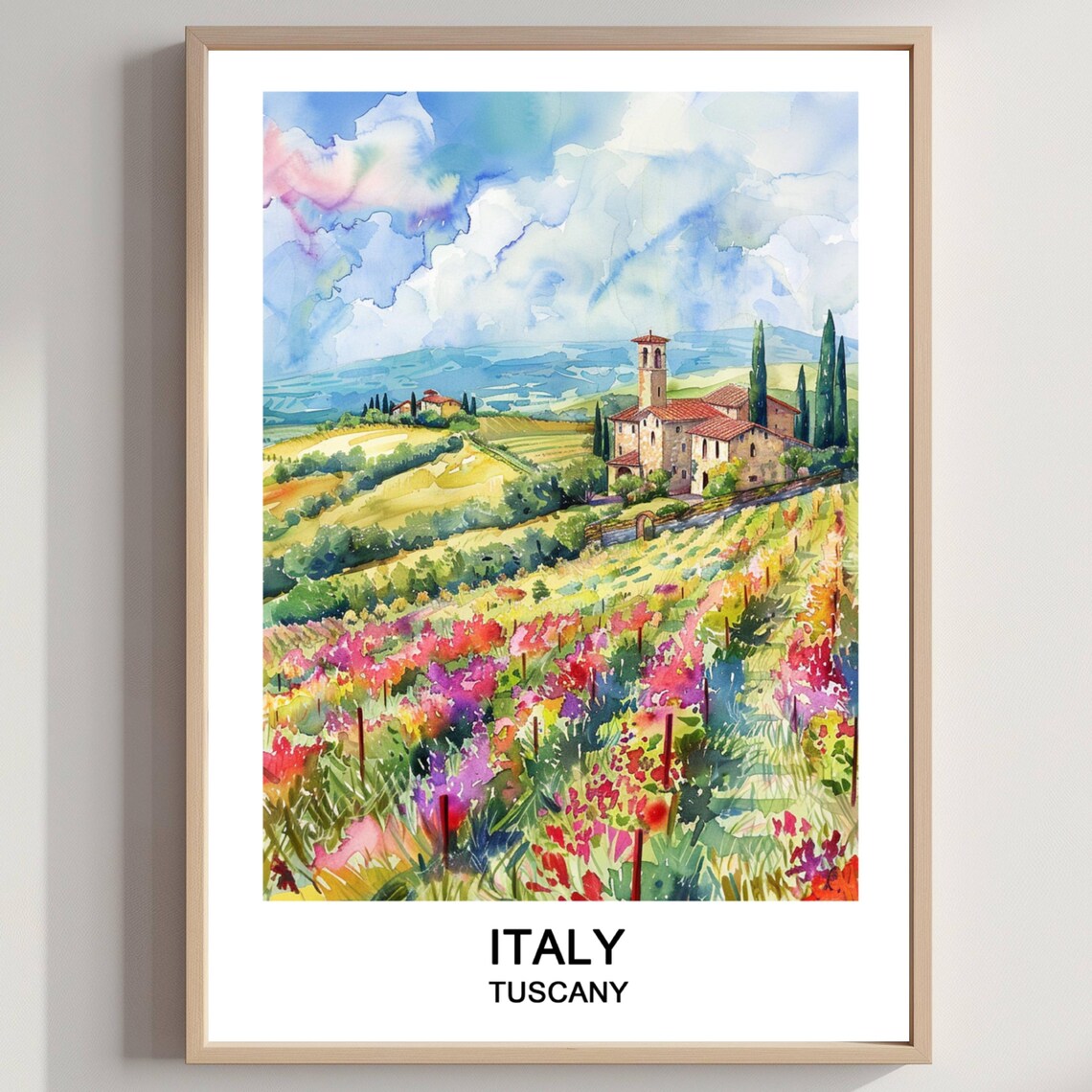 Tuscany Italy Wildflower Hills Cypress Villa Watercolor Travel Poster