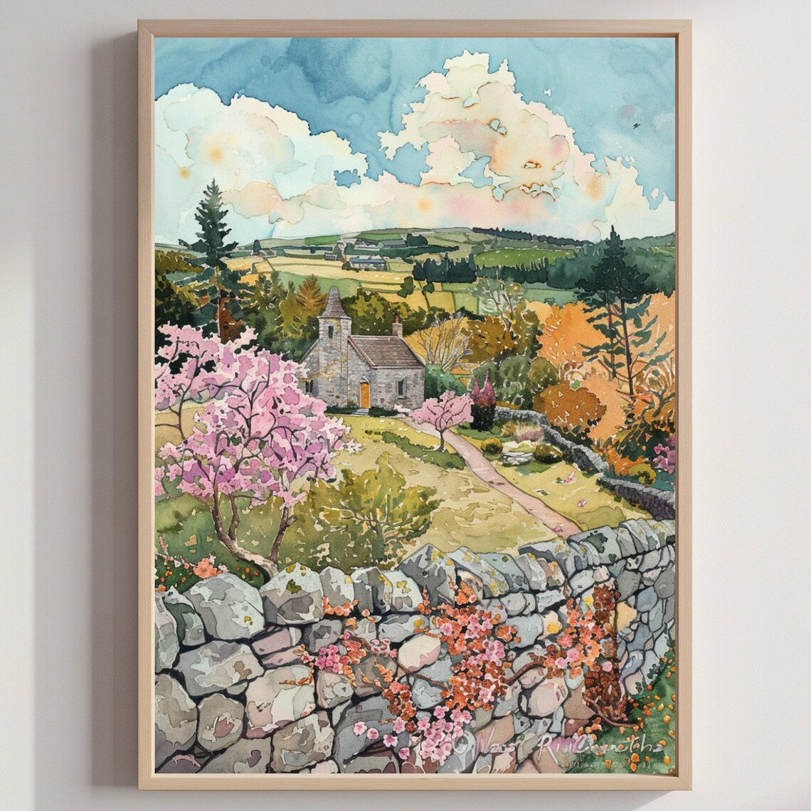 Ireland Countryside Stone Church Spring Watercolor Travel Poster