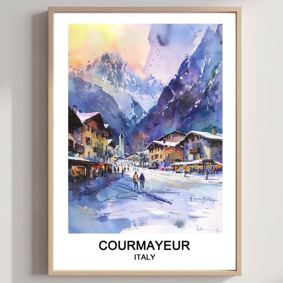 Courmayeur Italy Ski Resort Watercolor Art Print Italian Travel Poster
