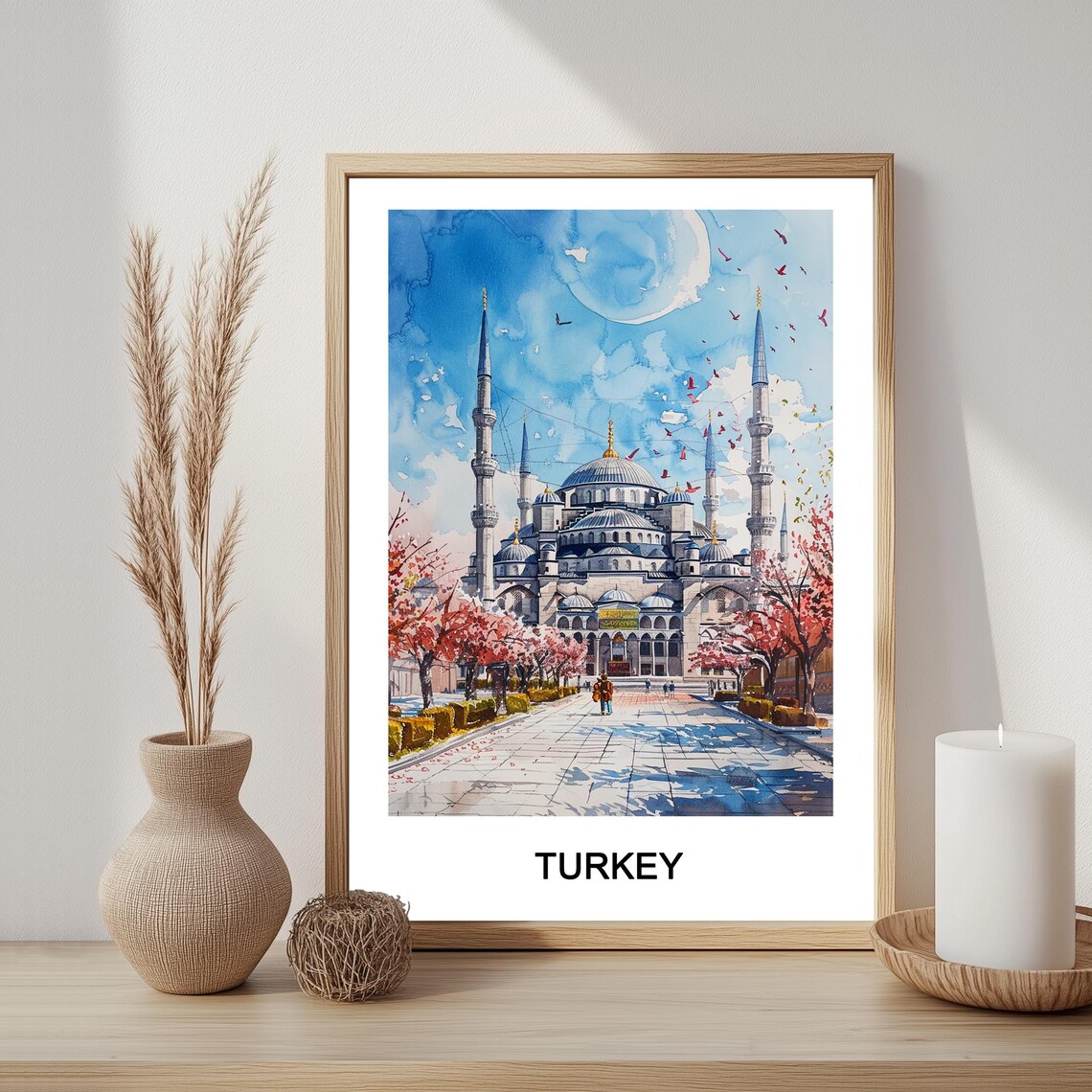 Blue Mosque Istanbul Turkey Cherry Blossom Watercolor Poster